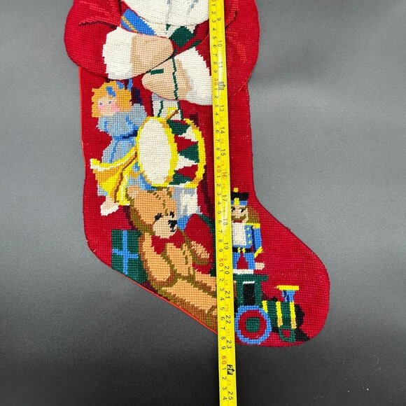 Vintage Christmas Needlepoint Stocking Santa Claus Toys Red Hanging Loop Figural - Picture 7 of 8